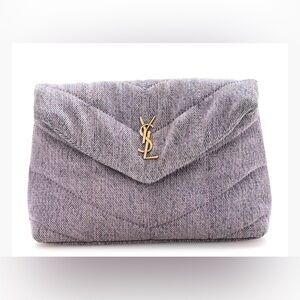 Saint Laurent Denim Quilted Loulou Puffer Monogram Pouch Clutch Bleached Lilac